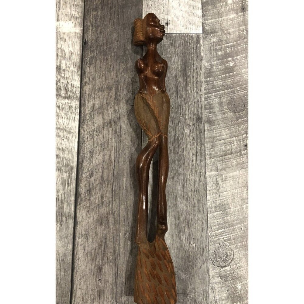 Vintage Topless 17.5" African Tribal Woman Statue Wooden Hand Carved unbranded